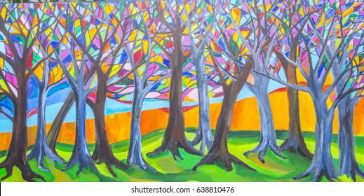 An illustration of stylized trees in bright colors. The trees have branches filled with panels of color. The trees are growing in green grass with a sunset behind them.