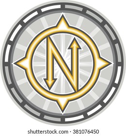 Illustration Of A Stylized True North Compass With Letter N In The Middle Set Inside Circle Done In Retro Style. 