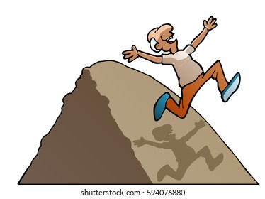 illustration of a successful running old man over the hill on isolated white background - Shutterstock ID 594076880
