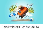 Illustration Summer vacation concept, travel holiday, travel bag and beach accessories with Smartphone beautiful sand and sea background