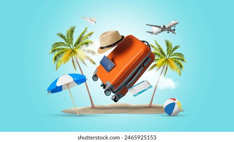 Illustration Summer vacation concept, travel holiday, travel bag and beach accessories with Smartphone beautiful sand and sea background - Powered by Shutterstock