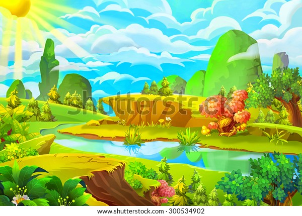 イラスト 太陽と川 漫画のスタイル 自然のトピック シーン 壁紙 背景デザイン のイラスト素材