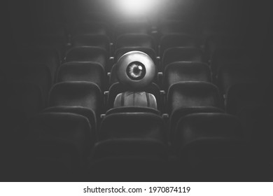 Illustration Of Surreal Man With Big  Eye Watching Movie, Surreal Abstract Concept