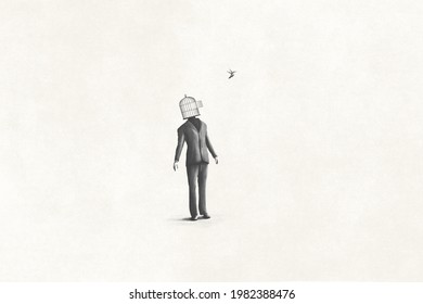 illustration of surreal man with open birdcage over his head and little bird flying free, surreal abstract concept