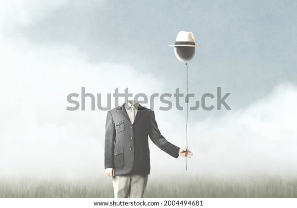illustration of surreal man without face holding a black balloon