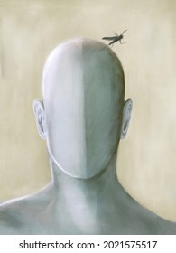 Illustration Of Surreal Mannequin With Mosquito Buzzing Over His Head, Obsession Surreal Concept