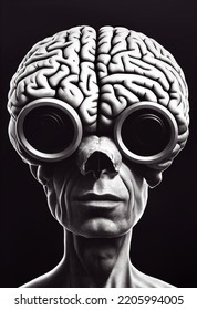 Illustration Of A Surreal Portrait Of A Man With A Brain And Eyeglasses, Skull Face With Broken Nose, Transhuman And Articial Intelligence