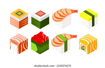 Illustration Of A Sushi Set With Added Shrimp, Salmon, Seaweed. Suitable For Menu Books, Brochures, Advertisements, Doodles, Stickers, Restaurant Waiter Uniforms.