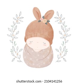 Illustration of swaddled newborn baby girl and botanical frame. Digitally painted baby girl with bunny ears cap. 