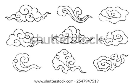 Illustration of swirling cloud patterns. Cloud designs in various swirling shapes. Swirling clouds in black and white. Decorative swirling cloud art.  Elements isolated on white background.