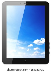 Illustration of tablet pc with sky at screen isolated on white background, 3d render.