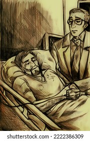 Illustration Of A Tall Man With Short Hair Holding The Hand Of Another Man That Lies In A Hospital Bed