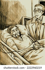 Illustration Of A Tall Man With Short Hair Holding The Hand Of Another Man That Lies In A Hospital Bed