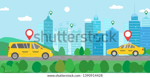 Illustration of taxi service  isolated on light \
blue city landscape. Flat style. Good for advertisement, banners,\
posters and \
cards.