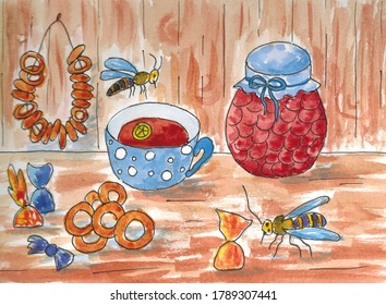  Illustration With Tea, Jam, Bagels, Sweets And Wasps. Suitable For Children's Cards, Books, Fairy Tales. The Work Is Done In Watercolor.