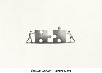 Illustration Of Teamwork Assembling Puzzle Pieces, Business Problem Solving Abstract Concept  