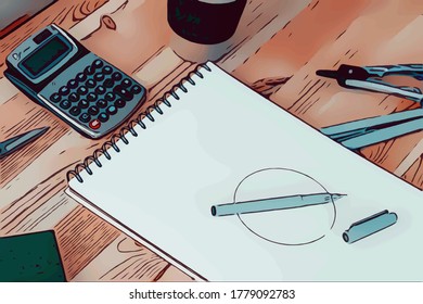Illustration technical draftsman's work desk and drawing elements such as drawing pad compass   black markers