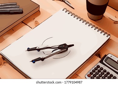 Illustration technical draftsman's work desk and drawing elements such as drawing pad compass   black markers