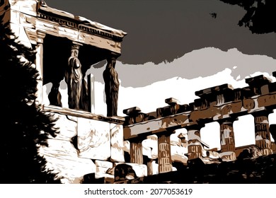 Illustration Of A Temple Of The Erechtheion With The Famous Caryatid Porch Instead Of Columns In The Acropolis. Athens, Greece