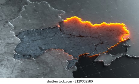 Illustration of the tensions between Ukraine and Russia. Military conflict. Conceptual map of state borders. 3d render