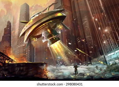 Ilustración: Llega el Terrible Alien UFO Destroyer. Comienza El Combate. Estilo Realista. Diseño de escenas/fondos de escritorio.