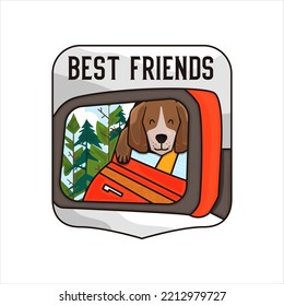 Illustration Of Text Best Friends And Cute Dog Reflecting In Side View Mirror Of Automobile For Concept Of Road Trip With Animals