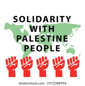 Illustration text SOLIDARITY WITH PALESTINE PEOPLE on white background with hand and blur world map icon. - Powered by Shutterstock