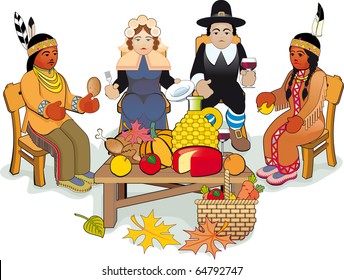 Illustration Thanksgiving Day. Pilgrims And Native American Couple. Raster Version