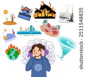 An illustration that portrays a gen z girl feeling Climate Anxiety, the fear of environmental doom and the psychological impact of climate change