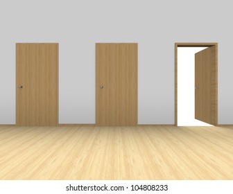 Illustration Of Three Doors In A Room, One Open.