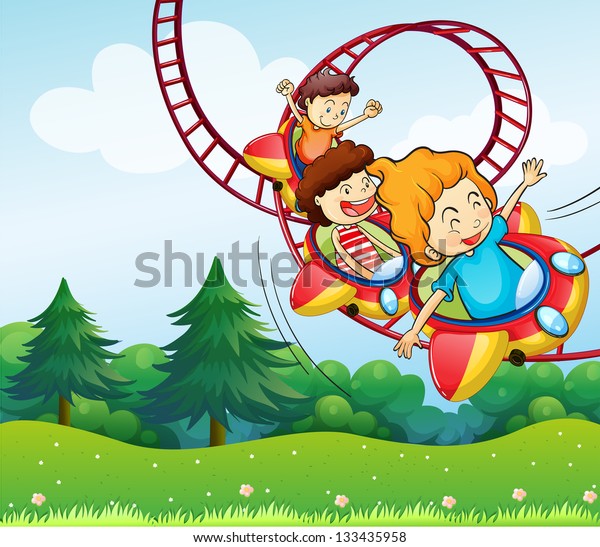 Illustration Three Kids Riding Roller Coaster Stock Illustration ...