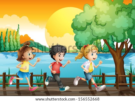 Illustration of the three kids running at the port 