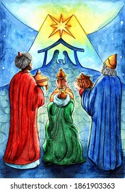 Illustration Of The Three Kings Made With Watercolor Pastels