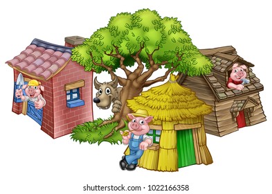 An illustration from the three little pigs childrens fairytale story  the 3 pig cartoon characters and their straw  wooden   brick houses   the big bad wolf peeking from behind tree 