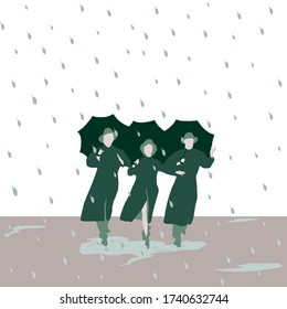 Illustration Of Three People Dancing And Singing With Umbrellas In The Rain, From The Movie Singing In The Rain