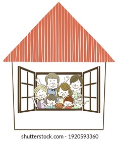 Illustration Of A Three-generation Family Waving From The Window Of The House