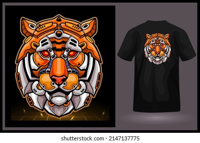 Illustration of Tiger head robot mascot. esport logo design with t-shirt preview