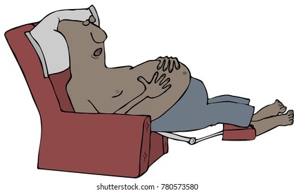 Illustration Of A Tired, Shirtless Black Man Sleeping In A Green Recliner Chair.