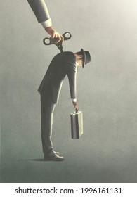 Illustration Of Tired Wind Up Key Business Man Need Recharge To Keep Working, Surreal Concept