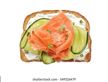 Illustration. Toast With Cream Cheese, Sliced Cucumber, Smoked Salmon And Scallions. Watercolor, Hand Drawn, Digital Art.