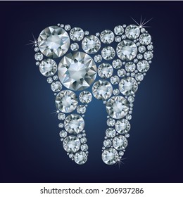 illustration of tooth made up a lot of diamonds on the black background 