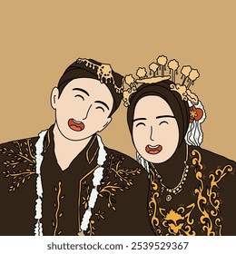 An illustration of a traditional Javanese wedding couple, dressed in intricate black and gold attire with matching accessories. The couple is smiling warmly. - Powered by Shutterstock