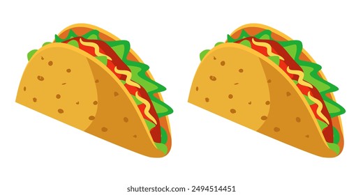 Illustration of Traditional mexican fast food taco with meat and vegetables, lettuce, diced tomato and onion stuffing - Powered by Shutterstock