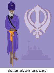 an illustration of a traditionally dressed sikh devotee in purple and saffron colors with military emblem and gurdwara on a light purple background