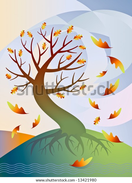 Illustration Tree Blowing Wind Autumn Leaves Stock Illustration 13421980