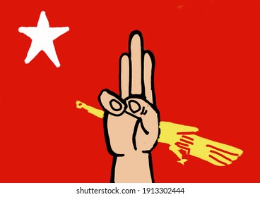 Illustration Tree Finger Salute With Background Of National League For Democracy (NLD), Myanmar (Burma)