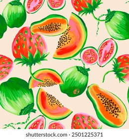 Illustration, Tropical, fun, Fruits, pattern, fabric, fresh, strawberry, coconut, guava fruit, papaya, tropcial illustration, textile design, surface design, summer, colorful - Powered by Shutterstock