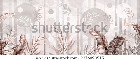 Illustration of tropical wallpaper print design with palm banana leaves and geometric forms. Tropical plants on textured background. Tropical natural abstraction.