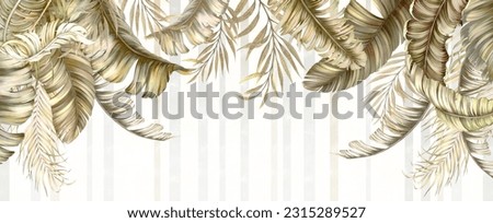Illustration of tropical wallpaper print design with palm banana leaves and canvas texture. Tropical plants on textured background. Tropical natural painting.