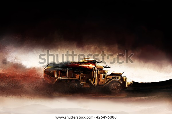 Illustration of a truck in the setting of post\
apocalypse in the\
desert